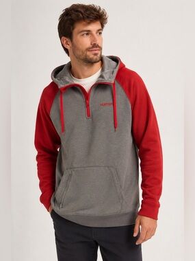 Burton MB Totem Hoodie Mens Small Red Grey Quarter Zip Fleece Pullover Snowboard